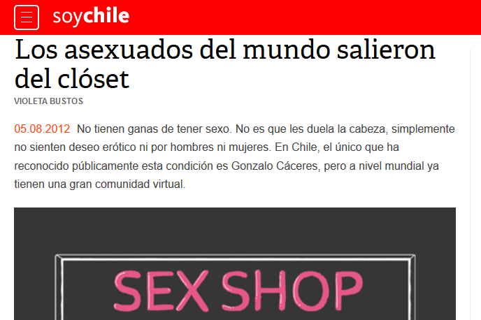 Captura de pantalla: Un sitio web de diseño simple y un artículo acompañado de una ilustración de un sex shop.