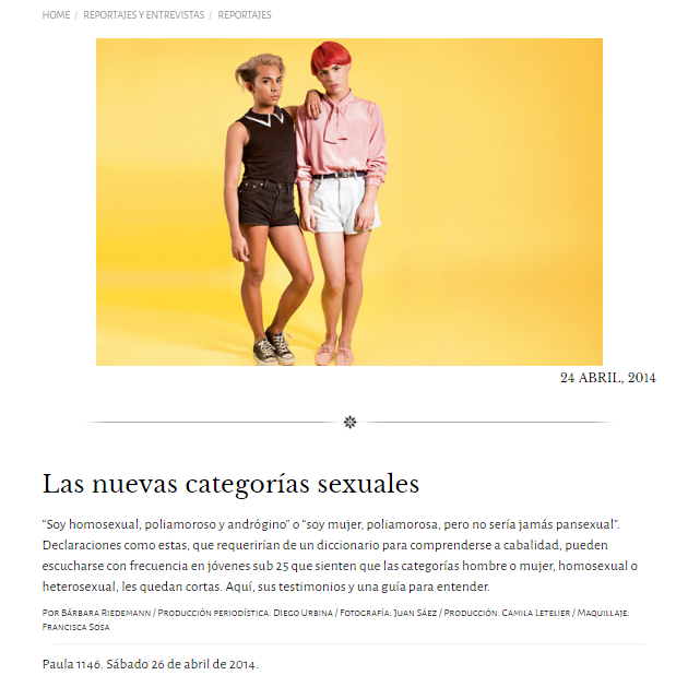 Captura de pantalla de diseño minimalista mostrando un artículo bajo una imagen de dos personas estilosas y visiblemente colas frente a un fondo amarillo.