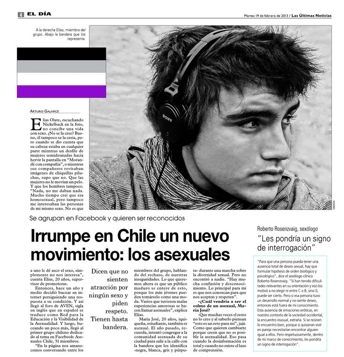 Versión digitalizada de un periódico, mostrando una fotografía de un joven de perfil y, a un lado, una bandera asexual.